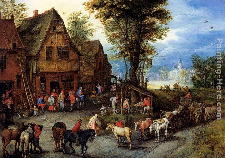 Jan the elder Brueghel A Village Street With The Holy Family Arriving At An Inn
